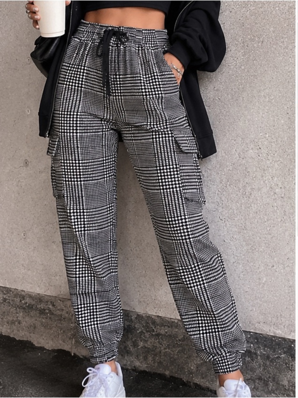 Angel Cult Plaid Cargo Jogger Pants Small Black White